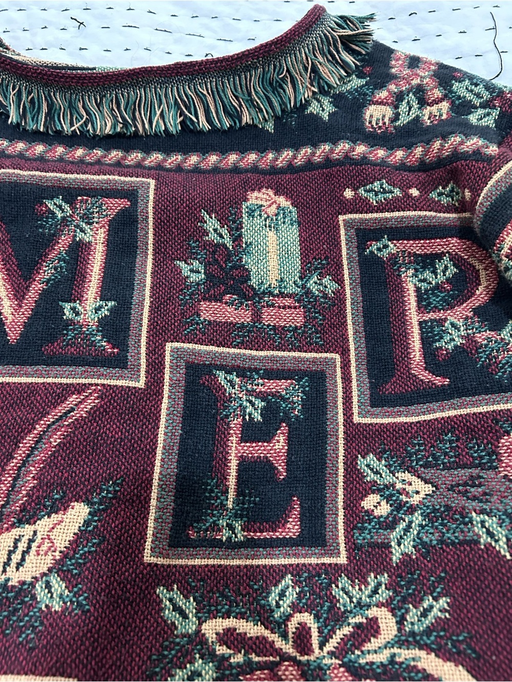Fringed Tapestry Upcycled Sweater - Burgundy Floral - Picture 15 of 16